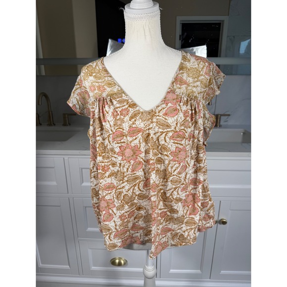 Lucky Brand Tops - Lucky Brand Floral Top Womens Large Pink Tan Flutter Sleeve V Neck Boho